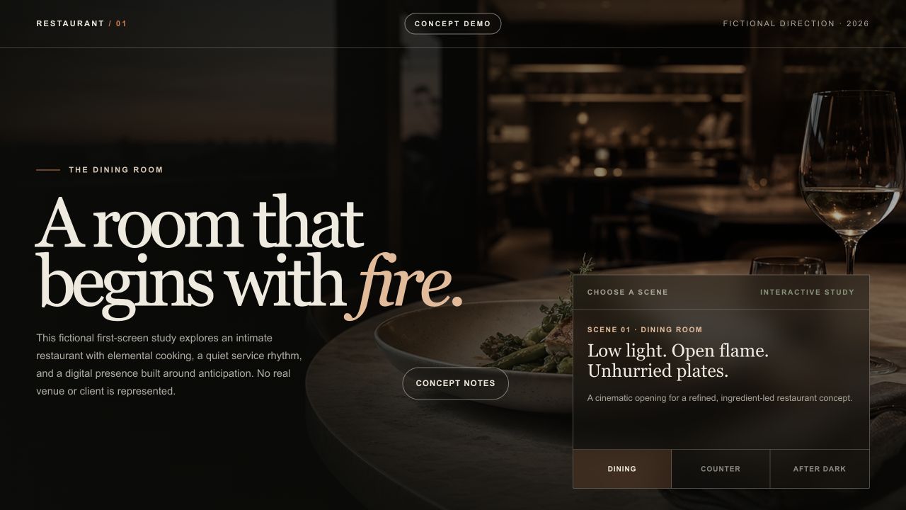 Fictional restaurant concept demo with an editorial dining hero